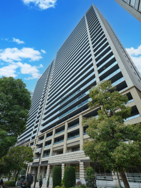 高層の白いビルと緑の木々、青空の背景