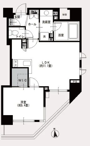 間取り図、玄関、ホール、トイレ、洗面室、浴室、LDK、洋室、ウォークインクローゼット、バルコニーを示す。
