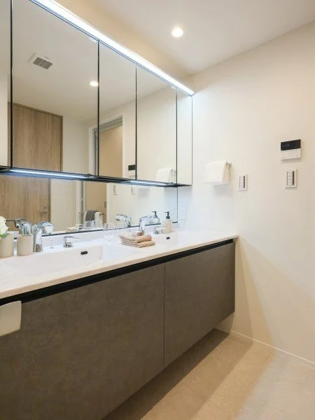 洗面台と鏡、収納棚があるモダンな洗面所の画像