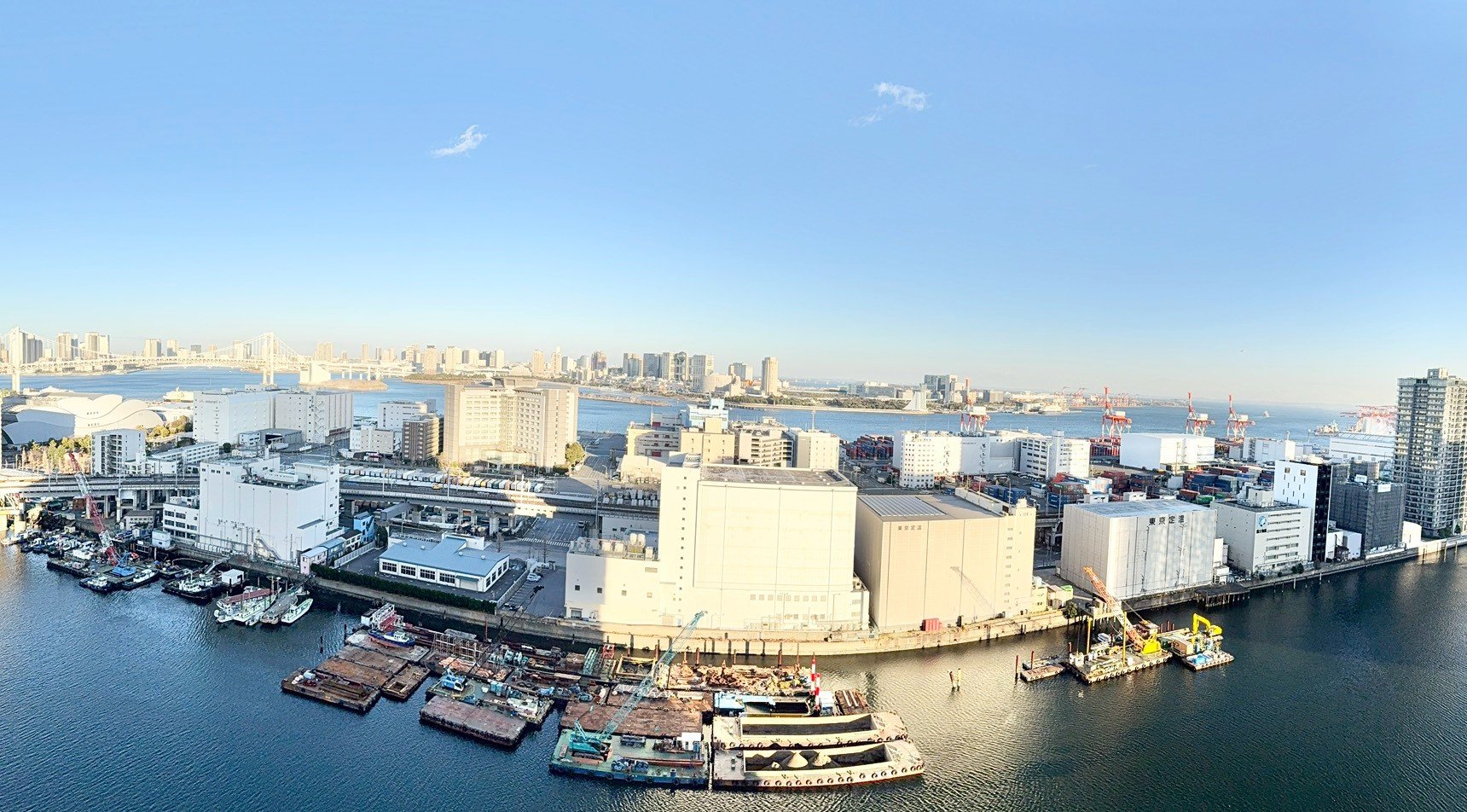 東京の港と都市の景色、工事中の船舶と高層ビル群が見える風景