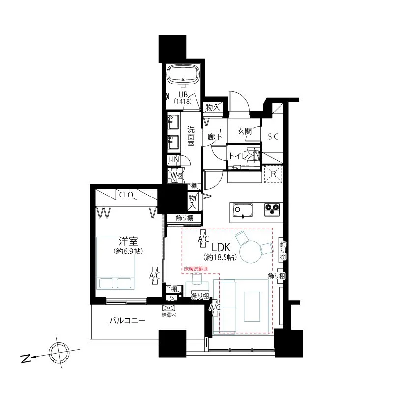 マンションの間取り図。リビングダイニングキッチン（約18.5畳）、洋室（約6.9畳）、バルコニー、浴室、トイレ、洗面室などが配置されている。