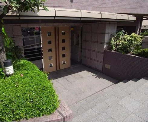 建物の入り口の自動ドアとその周囲の景色