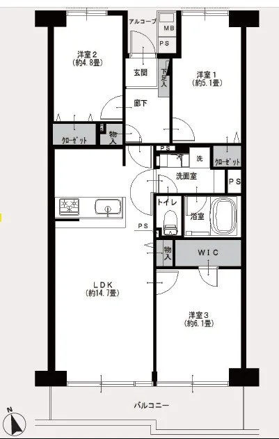 3つの洋室、リビングダイニングキッチン、バルコニー、浴室、トイレ、洗面所、収納スペースなどを含む間取り図.