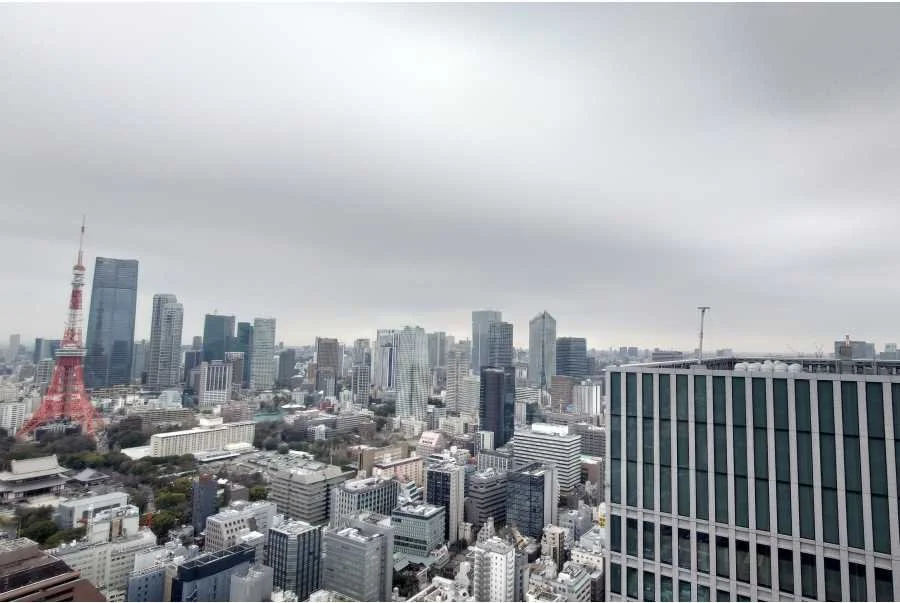 東京の都心の高層ビル街と東京タワーを空撮した風景、曇り空の天気