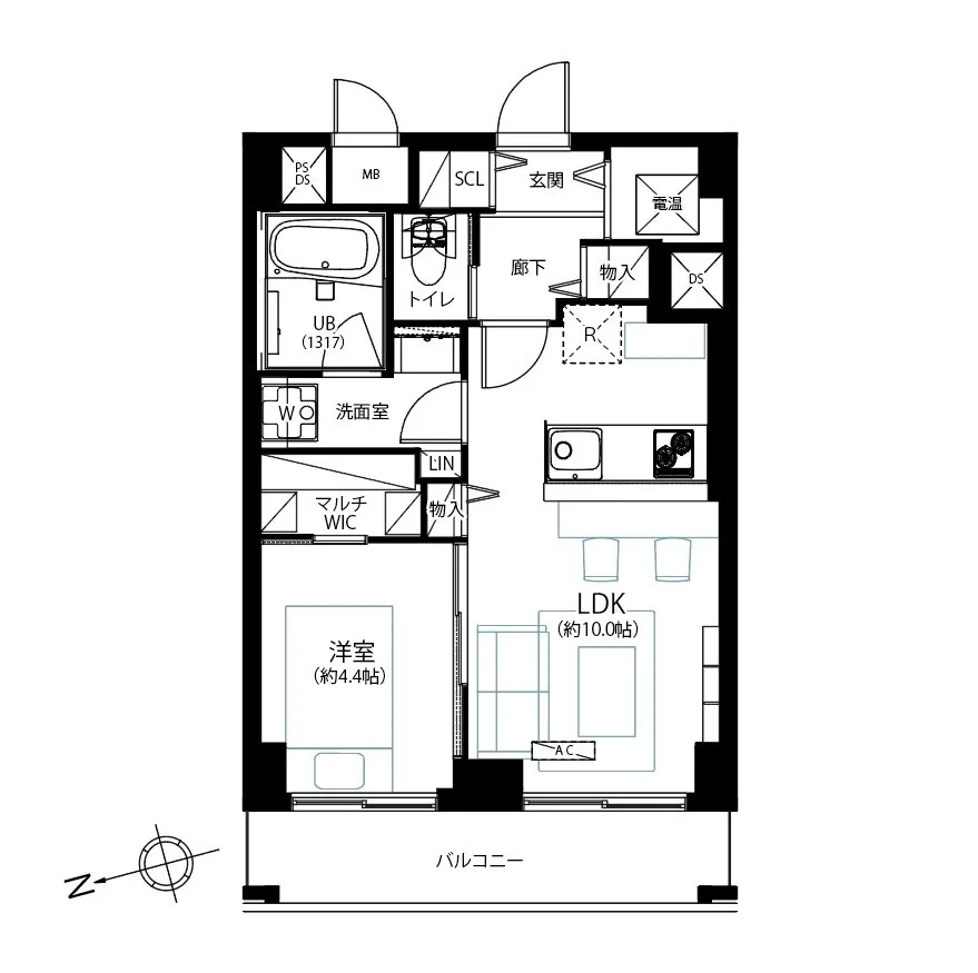 一戸建てまたはマンションの平面図。玄関、廊下、LDK（リビング・ダイニング・キッチン）、洋室、トイレ、バスルーム、洗面室、収納スペース、バルコニーが示されている。