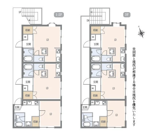 住宅の階層ごとの間取り図、1階と3階の配置と内装の違いを示す図