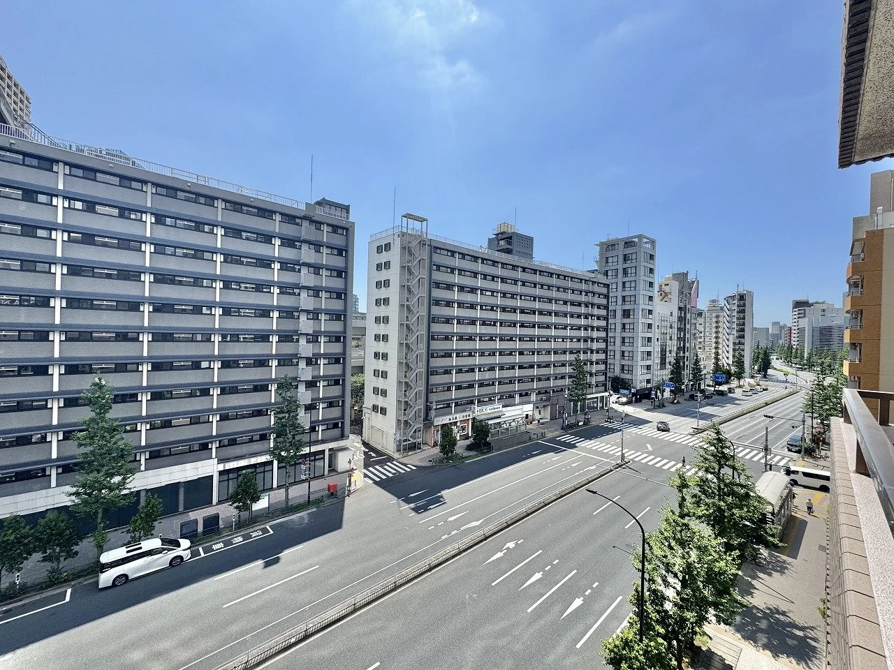 都市の通りと高層ビル群、青空と数本の木