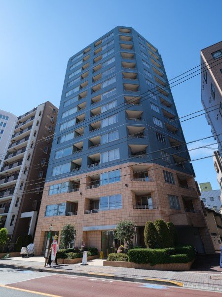 高層の多層ビルが写っており、前景には歩道と植栽がある都市の風景