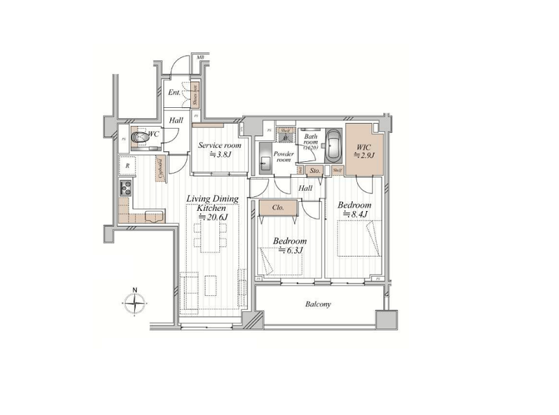 家具と間取りのある2LDKのマンション間取り図。リビングダイニングキッチン、2つのベッドルーム、バルコニー、浴室、トイレ、収納スペースなどが示されている。