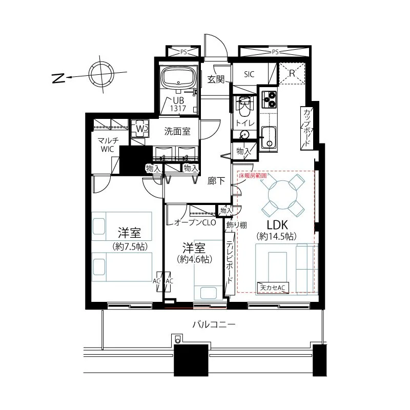 住宅の間取り図で、リビングダイニングキッチン（LDK）、2つの洋室、バルコニー、浴室、トイレ、洗面室などの部屋が示されています。