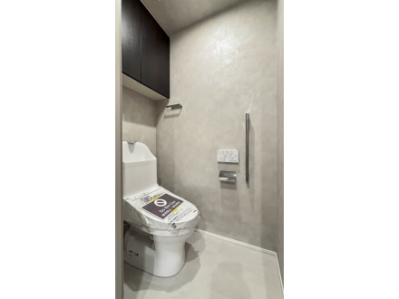 トイレのある小さな部屋、壁に棚と便座、紙巻き器とコントロールパネルが設置されている。