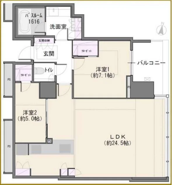 これは日本語の間取り図です。玄関からリビングダイニングキッチン（LDK）、二つの洋室、バルコニー、トイレ、洗面室、浴室が表示されています。
