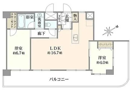 3つの洋室とLDK、バルコニー付きの間取り図。