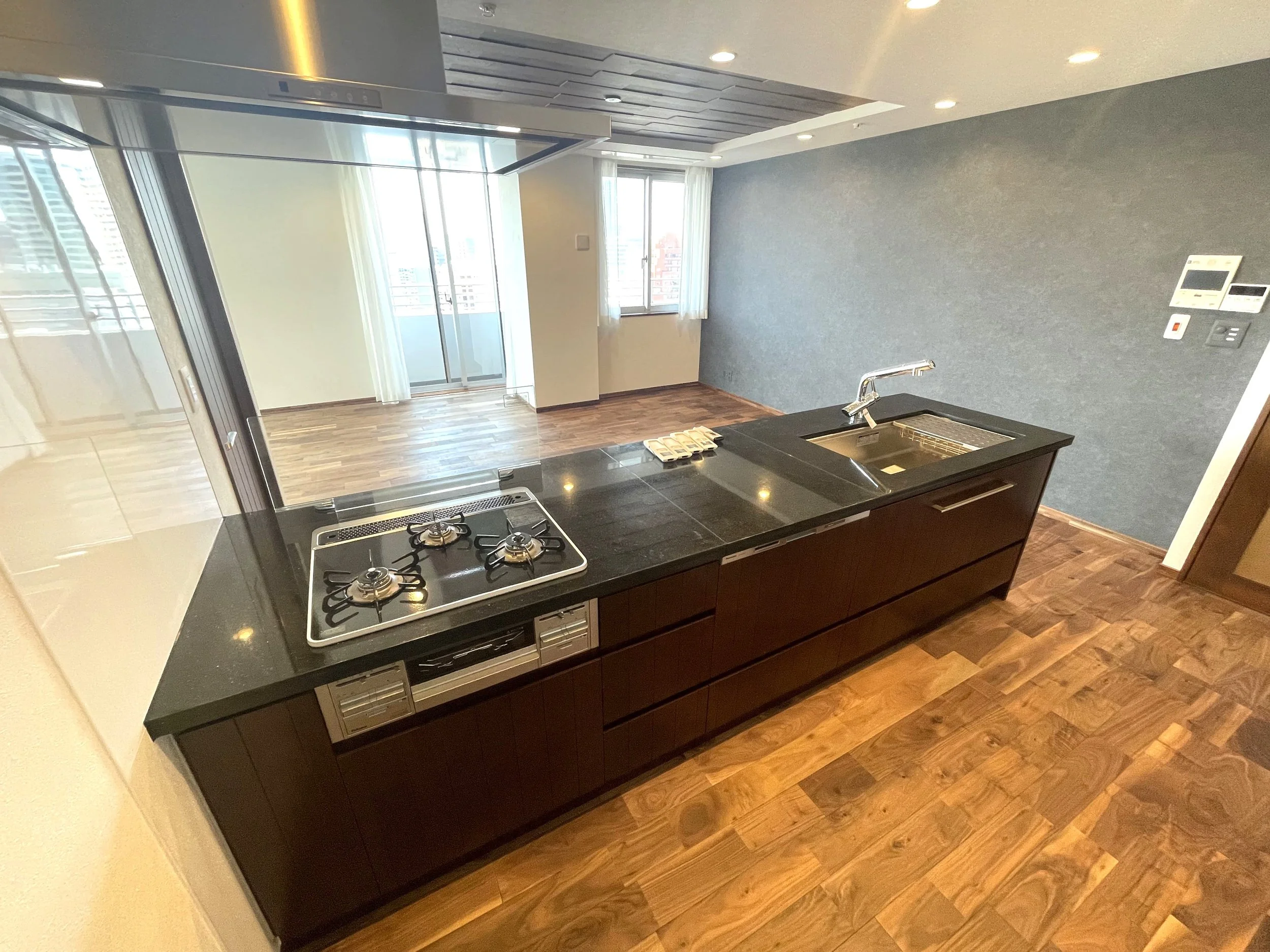 白と灰色の壁に囲まれたモダンなキッチン。黒いカウンターにガスコンロとシンクが設置されている。屋外のバルコニーに通じる大きな窓があり、部屋全体が明るい。木製の床。