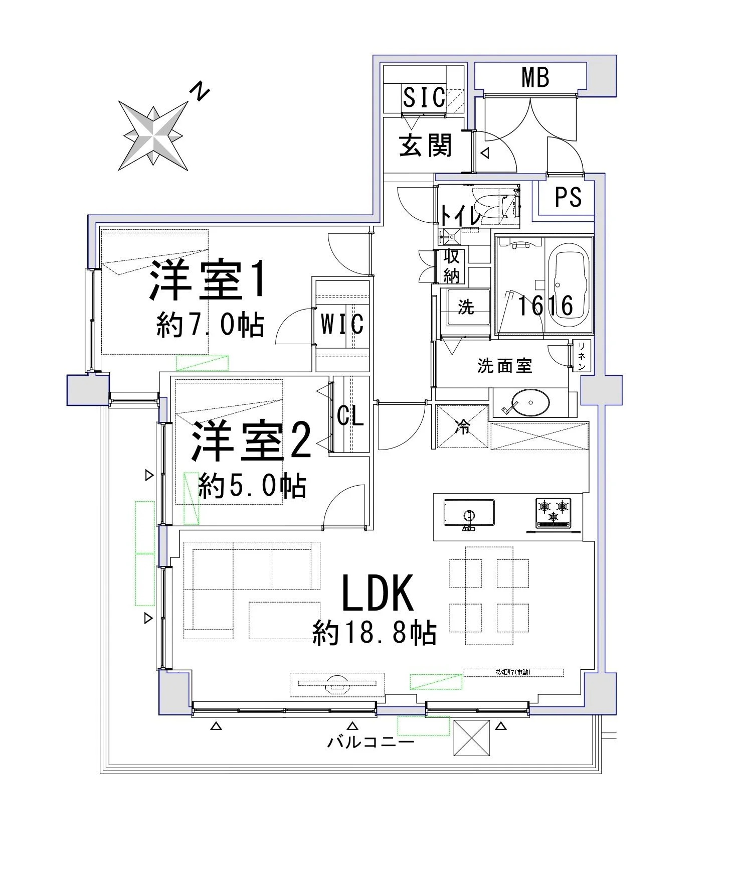 住宅の間取り図。玄関、トイレ、洗面所、浴室、洋室1と洋室2、LDK（リビング・ダイニング・キッチン）、バルコニーが表示されている。」}】