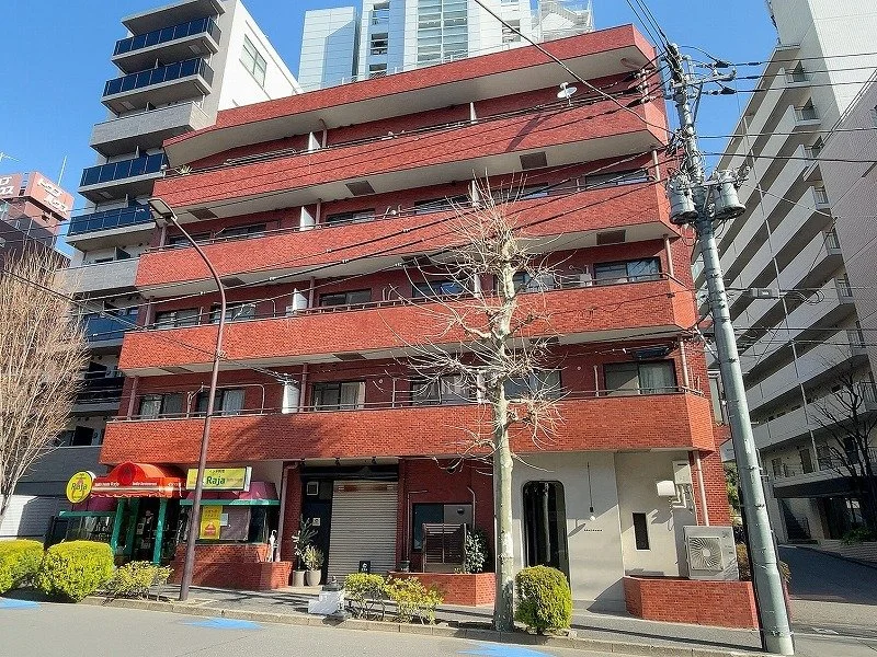 赤レンガ色の中層の建物と、前に木の葉のない木、街灯、電柱と電線が見える都市の風景。