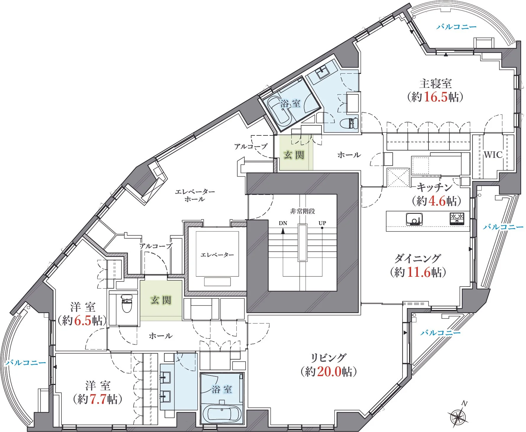 この画像は住宅の間取り図で、各部屋の名前と広さが記されています。リビング、キッチン、寝室、バルコニーなどの場所が示されています。