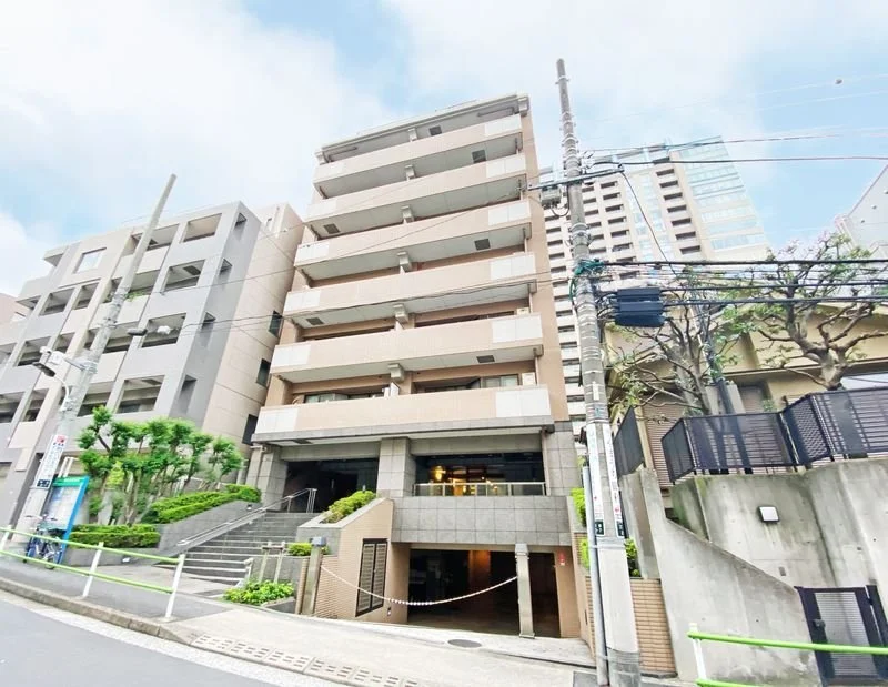 都市の中の高層マンションの建物と電柱、電線、周囲の植物と道路の景色