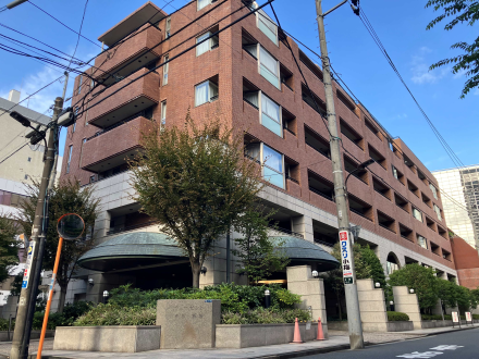 赤レンガ色のマンションと木のある街の景色。電柱と電線も見える。