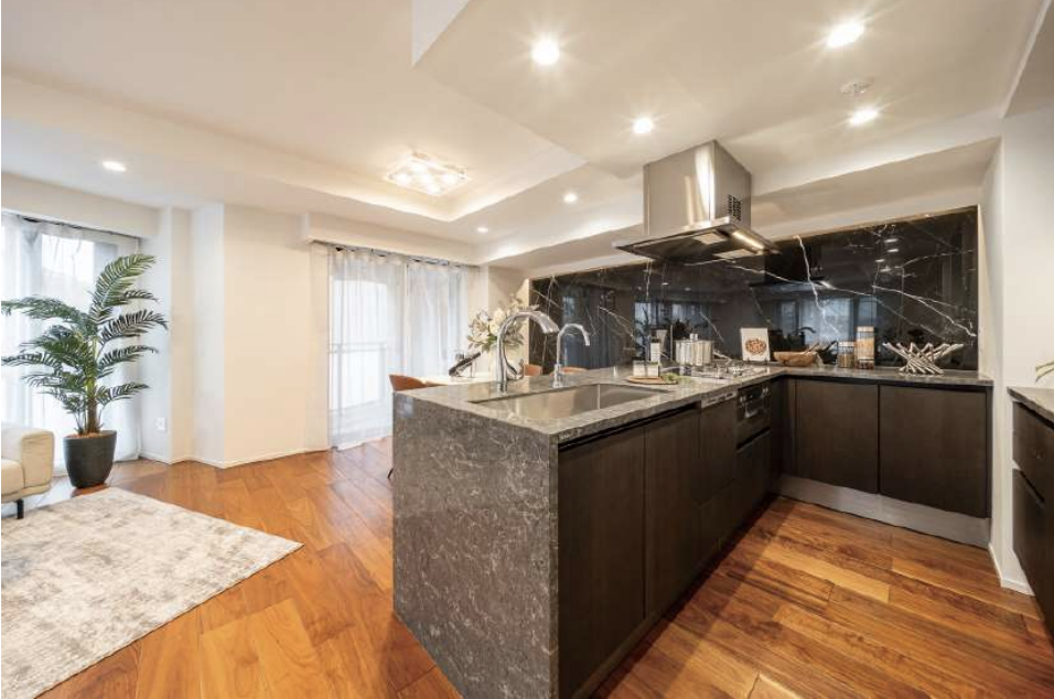 現代的なキッチンとリビングのインテリア画像