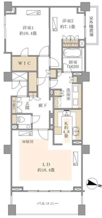 住宅の間取り図。リビング・ダイニング約118.4畳、キッチン約4.8畳、寝室2つ（10.4畳と7.1畳）、浴室、洗面室、トイレ、ウォークインクローゼット、バルコニー、外機置場。