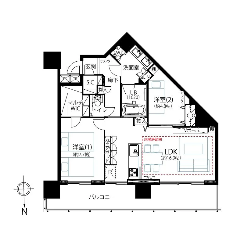 住宅の間取り図。リビング・ダイニング・キッチン（LDK）、2つの洋室、バルコニー、バスルーム、トイレ、洗面所、玄関などの部屋と設備が示されている。
