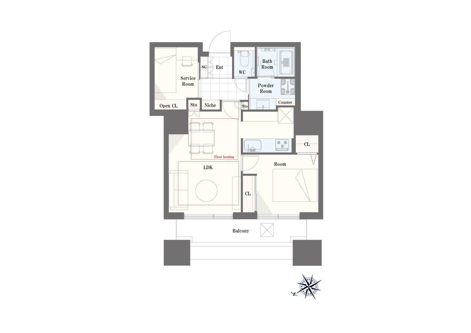 平面図：リビング・ダイニング・キッチン（LDK）、ベッドルーム、バルコニー、バスルーム、トイレ、パウダールーム、サービスルーム、収納スペース、玄関、シューズクローク、コンロと洗面台のキッチンエリア、東向きのバルコニーへ出る窓とドア、南北に建物の外壁と方位磁石