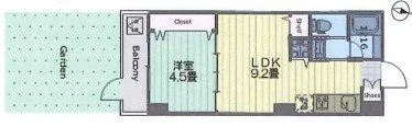アパートの間取り図。玄関、リビングダイニングキッチン（9.2畳）、洋室（4.5畳）、クローゼット、バルコニー、庭が描かれている。