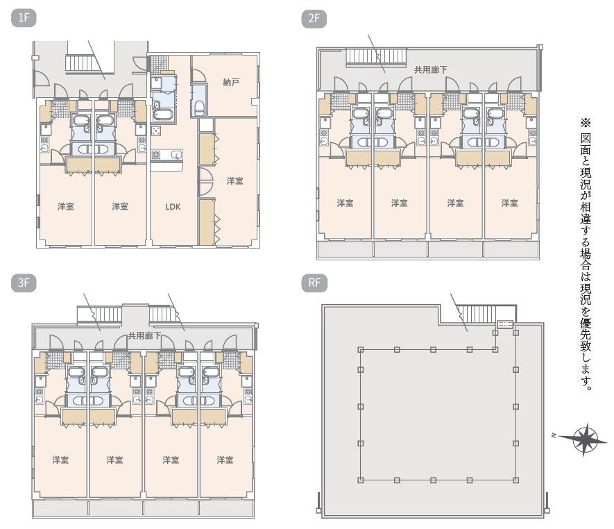 木造の四階建てのアパートの間取り図。1階は洋室とリビングダイニングキッチン、納戸が配置されている。2階は4つの洋室と共用廊下。3階も同じく4つの洋室と共用廊下。屋上階は屋根の平面図。