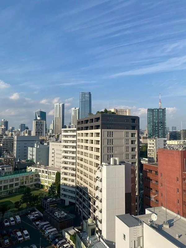 東京の高層ビルや中小ビルが立ち並ぶ都市の景色。青空に白い飛行機雲が広がる。