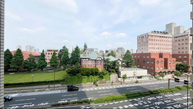 市街地の道路と建物、緑豊かな木々と公園の景色