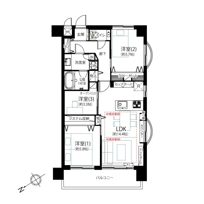 住宅の間取り図。玄関、トイレ、廊下、洗面所、バスルーム、3つの洋室、リビングダイニングキッチン、バルコニーが描かれている。