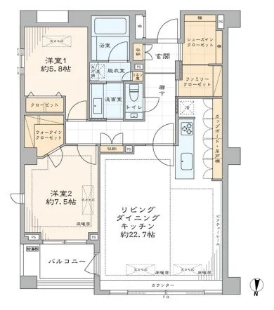 日本語の間取り図で、リビングダイニングキッチン、洋室2つ、バルコニー、浴室、トイレ、玄関、収納スペースなどの部屋と設備が表示されています。