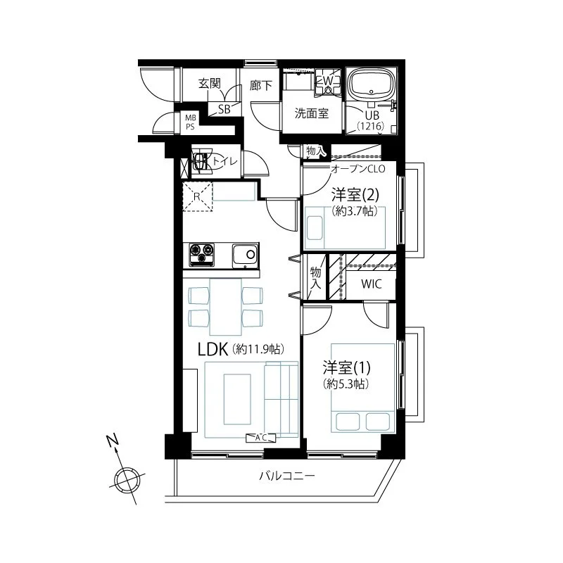 二つの洋室とリビングダイニングキッチンを備えたマンションの間取り図。バルコニー、浴室、トイレ、洗面室、収納スペースも示されている。
