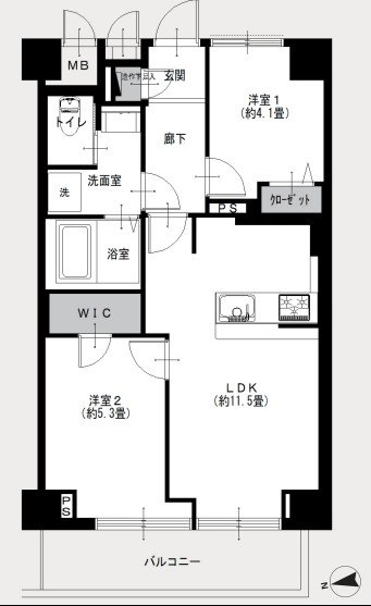 二次元の間取り図で、玄関、廊下、洋室1と洋室2、クローゼット、浴室、洗面所、トイレ、LDK、バルコニーが示されている。