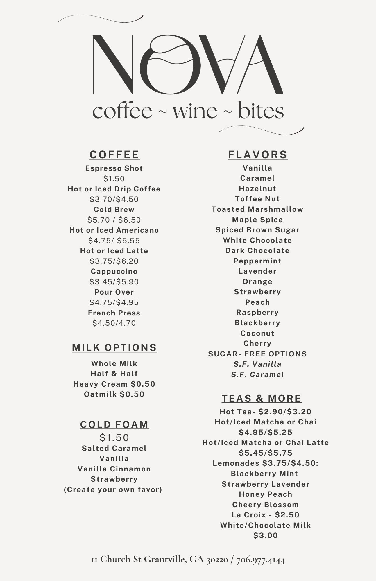 Menu from Nova coffee shop offering coffee, flavors, milk options, cold foam, teas, and more, located on Church Street in Grantville, Georgia.