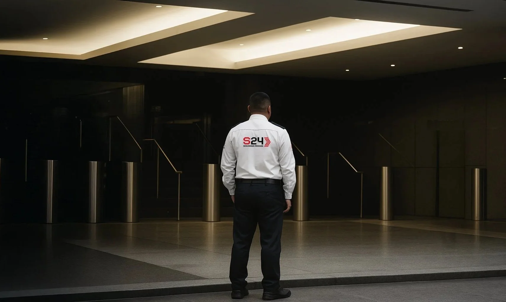 Un guardia de seguridad de espaldas, vistiendo un uniforme blanco con logo 'S24 Seguridad Privada', en un vestíbulo o entrada de edificio moderno con iluminación tenue y escaleras arriba.