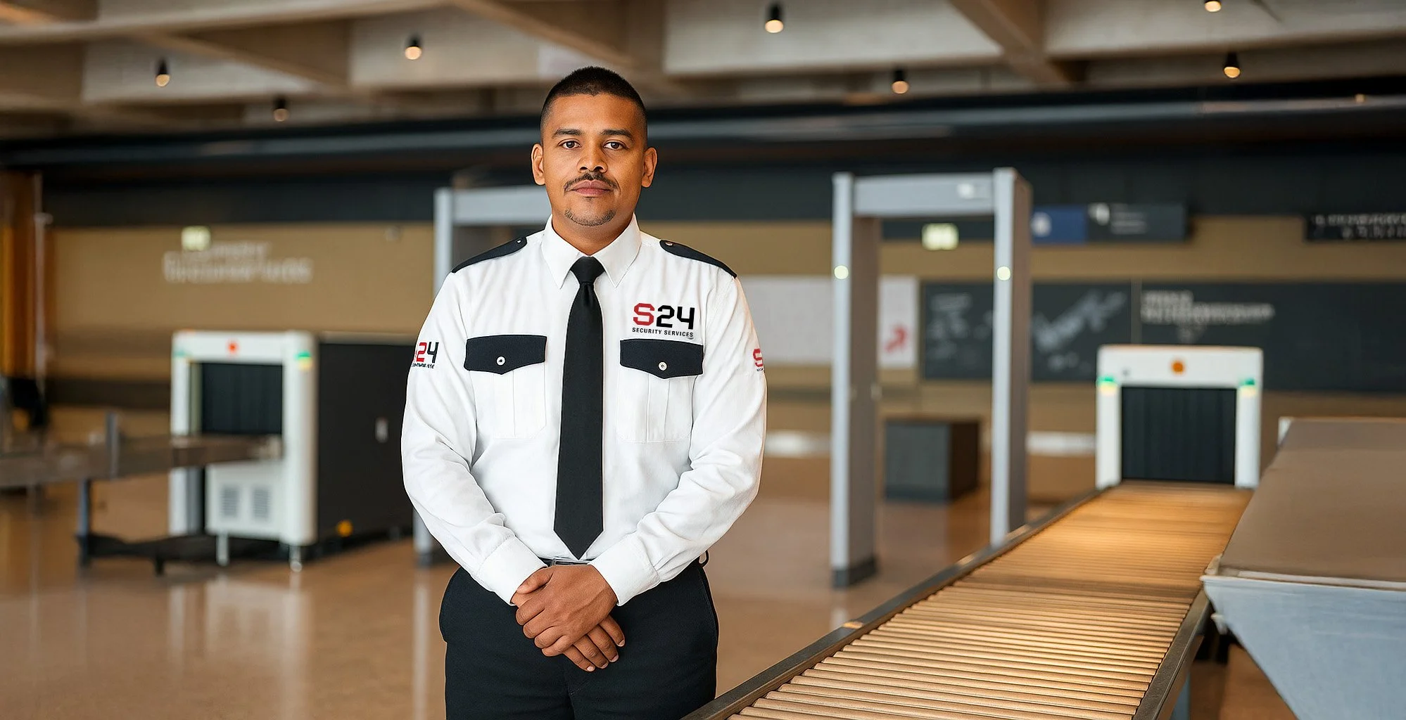 Vigilante en uniforme en área de control en un aeropuerto.
