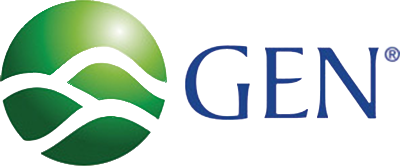Logotipo de GEN con una esfera verde y letras en azul y amarillo.