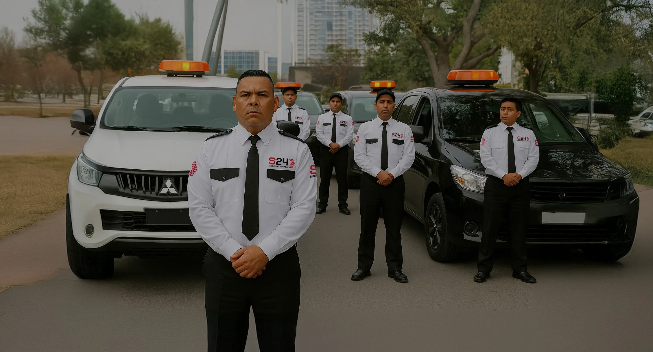 Grupo de cinco guardias de seguridad con uniforme blanco y negro, en una calle con autos y árboles, con edificios en el fondo.