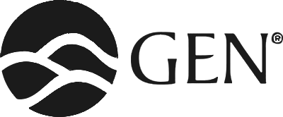 Logotipo de GEN con símbolo circular y líneas curvas