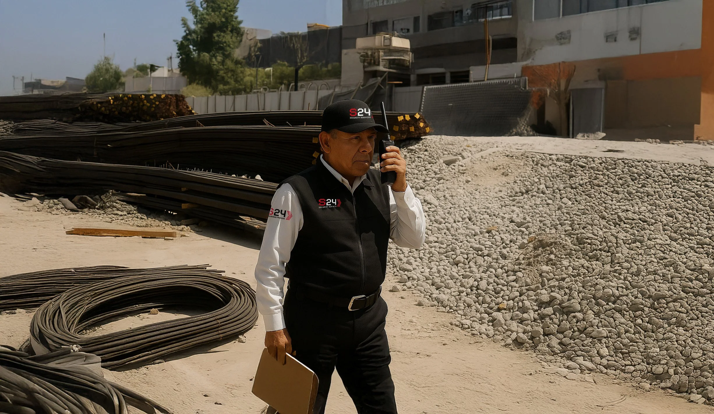 Hombre de negocios en un sitio de construcción, vestido con chaleco y gorra de la empresa S24 Security, hablando por teléfono móvil, sosteniendo una carpeta en la otra mano, rodeado de cables enrollados y montones de grava.