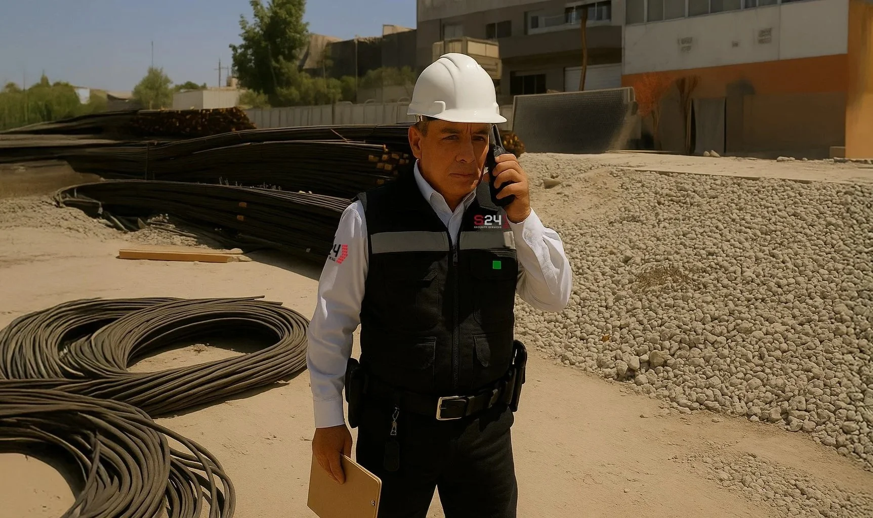 Hombre con casco de seguridad y chaleco en un sitio de construcción, hablando por teléfono y sosteniendo una carpeta, con cables y material de construcción a su alrededor.