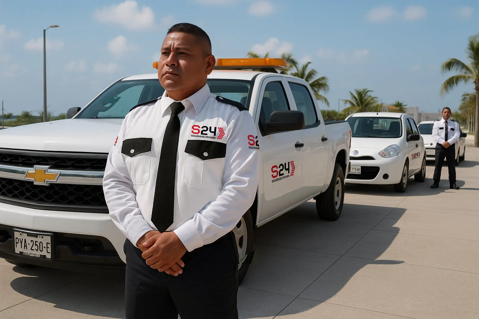 Tres oficiales de seguridad en uniformes blancos con logos S24 Security y "Seguridad Privada", con vehículos de patrulla blancos y un fondo con palmeras y un cielo azul.