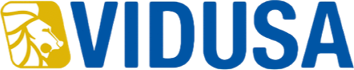 Logotipo de VIDUSA, con un león dorado y letras azules.