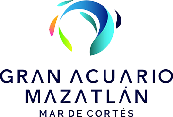 Logotipo del Gran Acuario Mazatlán, ubicado en Mar de Cortés, con un diseño de formas abstractas en azul, verde y rosa.