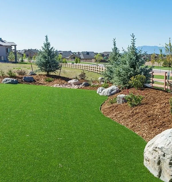 Well-maintained backyard with bright green artificial grass, small evergreen trees, large rocks, and brown mulch, with houses and a clear blue sky in the background.