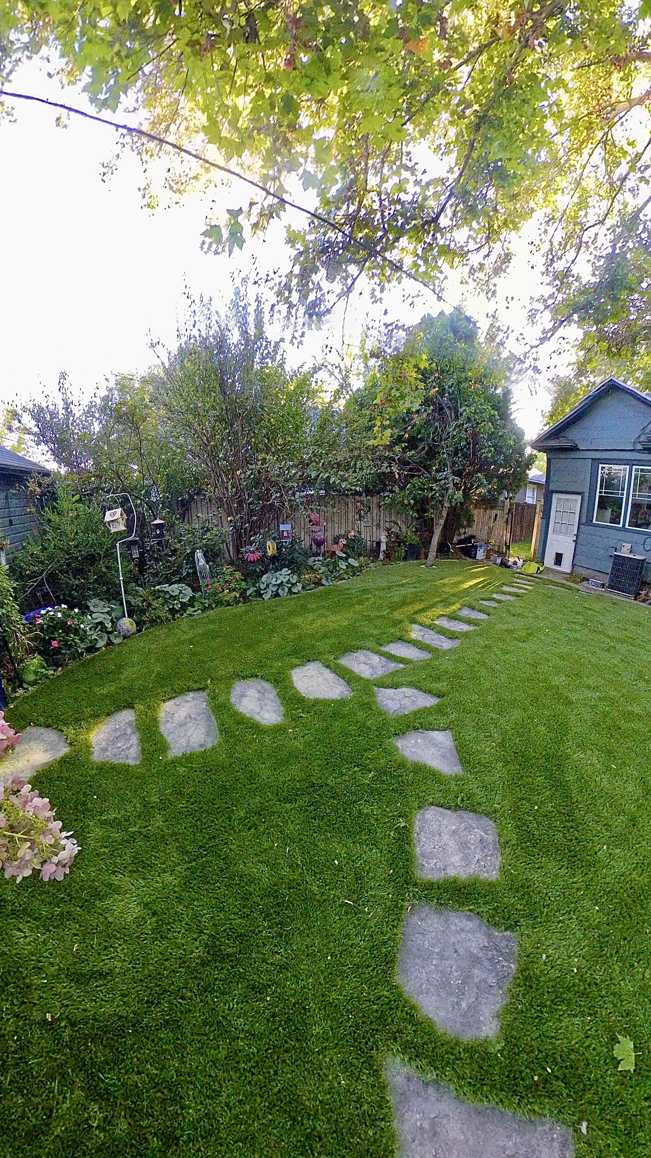 Before artificial turf installation by Top Turf showing residential backyard with natural grass and stepping stones in Boise Idaho