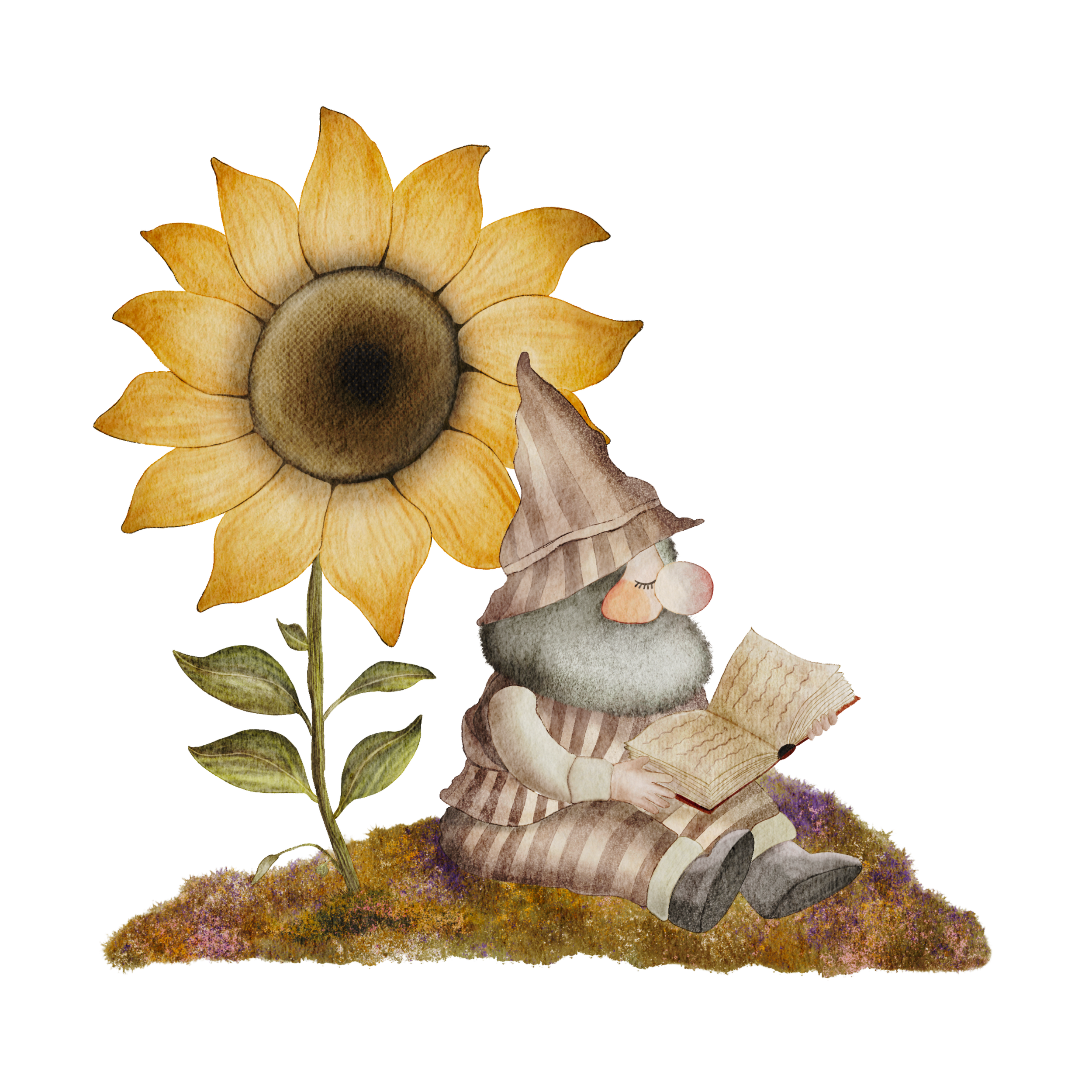 A whimsical illustration of a gnome with a tall, pointed, striped hat reading a book, sitting on colorful moss next to a large sunflower.