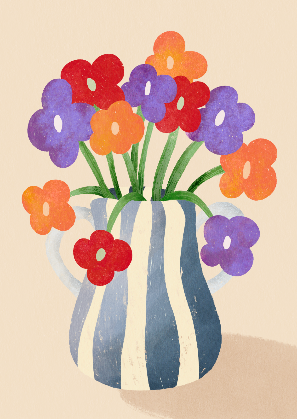 A colorful illustration of a striped vase filled with orange, purple, and red flowers with green stems on a beige background.